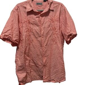 CUBAVERA Mens Red/Orange Linen Blend Short‎ Sleeve Embroidered Button Up Size L